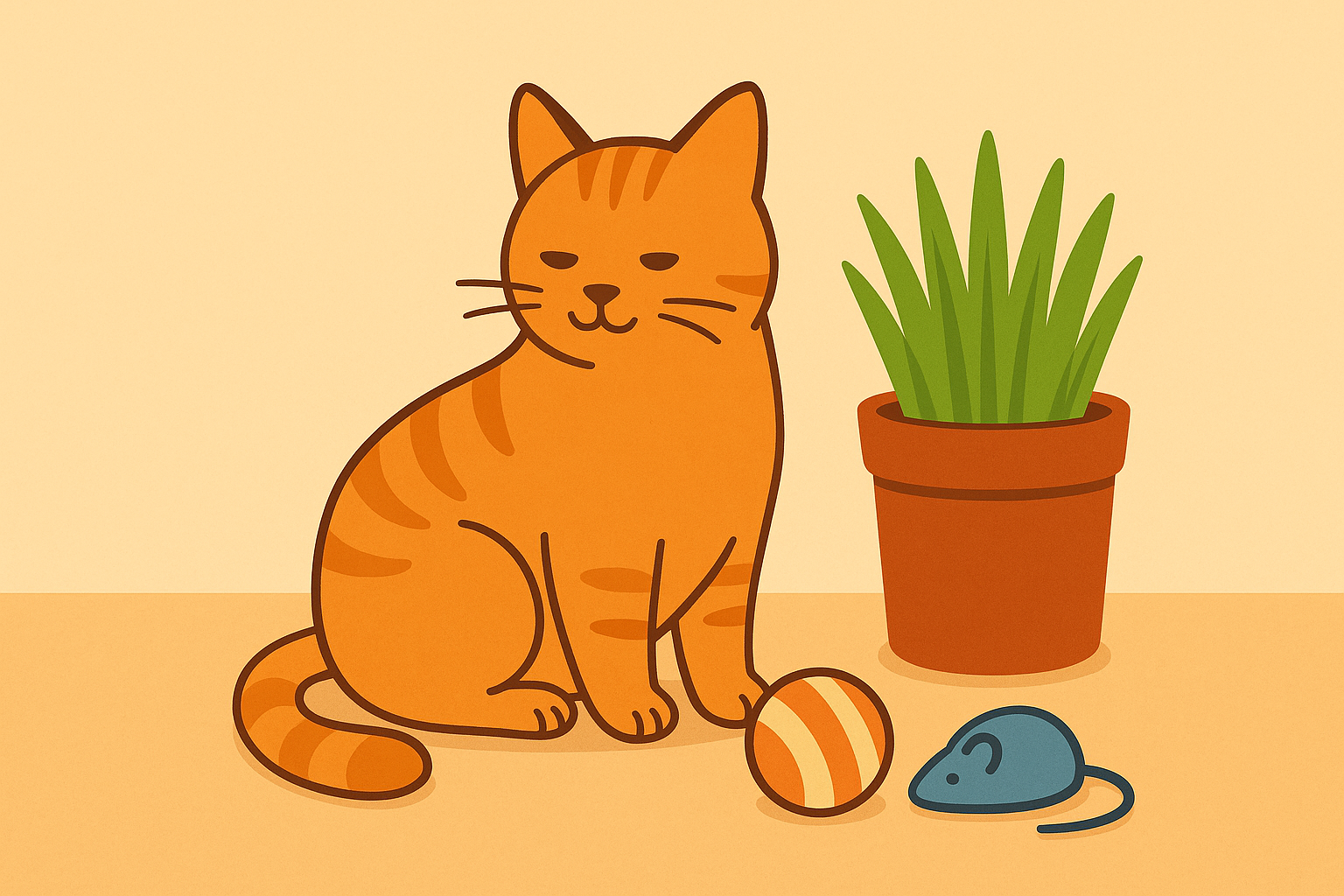 Cat resting near safe chew toys and cat grass as healthy outlet.