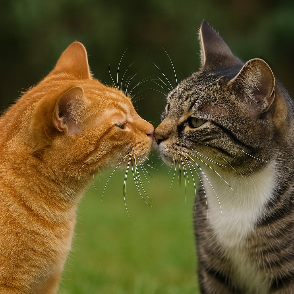Cats greeting each other with rear sniffing, showing trust and familiarity.