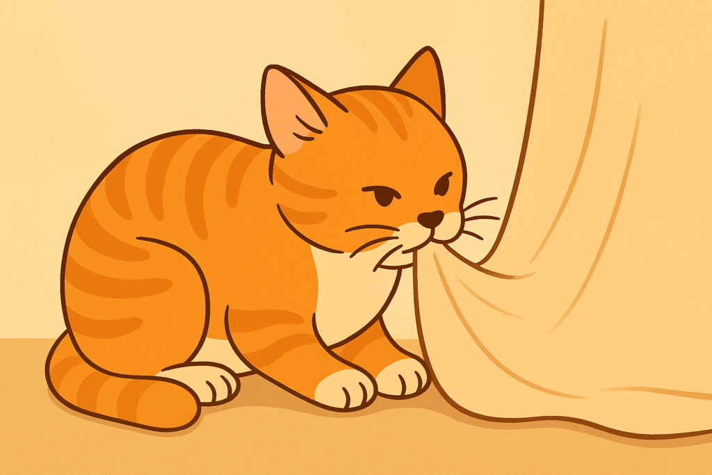 Curious cat nibbling on a soft blanket, showing self-soothing behavior.