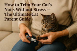 Person gently trimming a calm tabby cat’s nails at home.