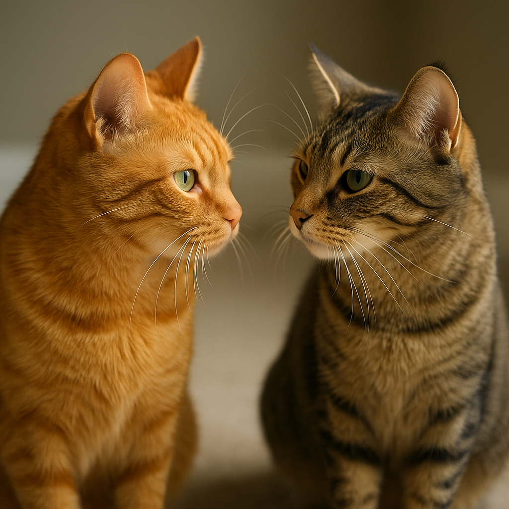 Two cats staring at each other, silently communicating through body posture.