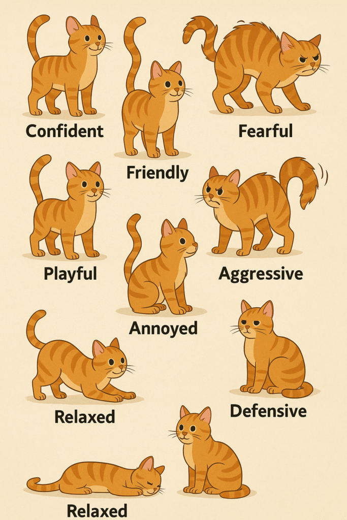 Visual chart of cat tail and ear positions explaining feline communication.