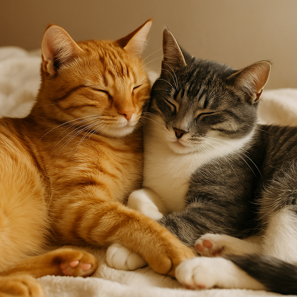 Two cats lying together peacefully, showing affection and bonding.