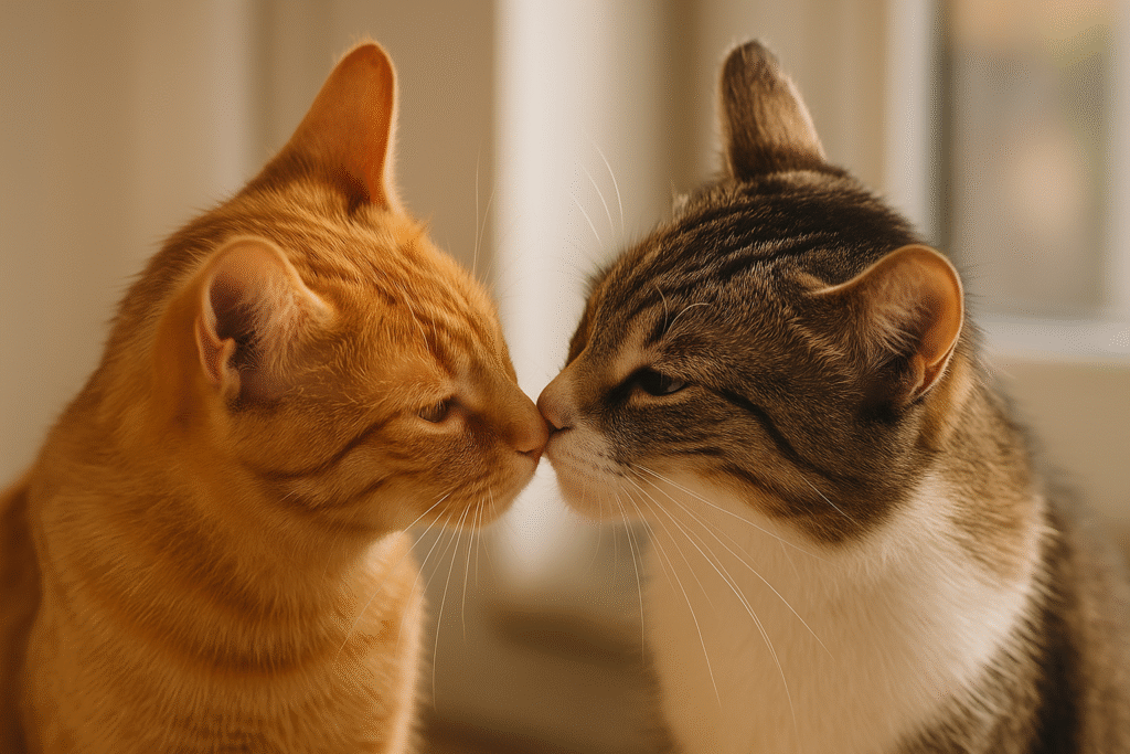 Two cats gently touching noses—a peaceful feline greeting showing trust and curiosity.