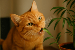 Cat chewing a houseplant - a curious moment that reveals feline instincts.