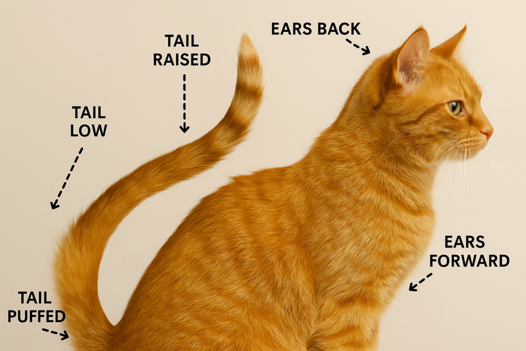 Chart showing cat tail and ear positions with meanings of mood and intent.