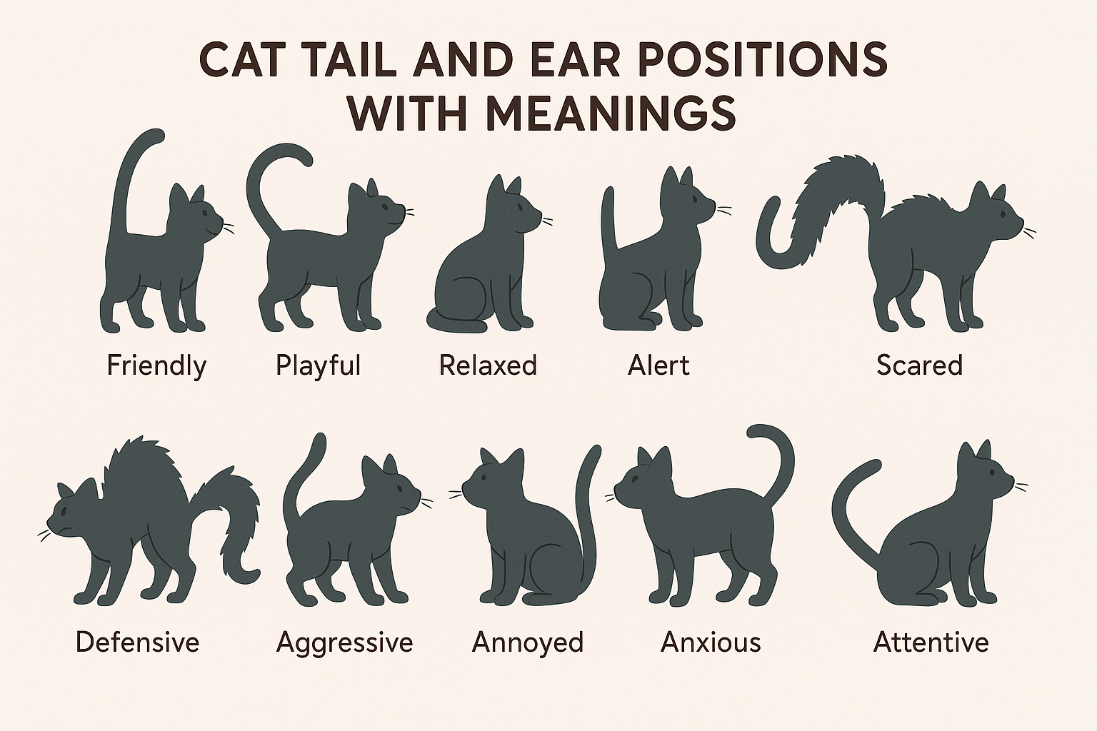 Chart showing cat tail and ear positions - decoding feline emotions through body language.