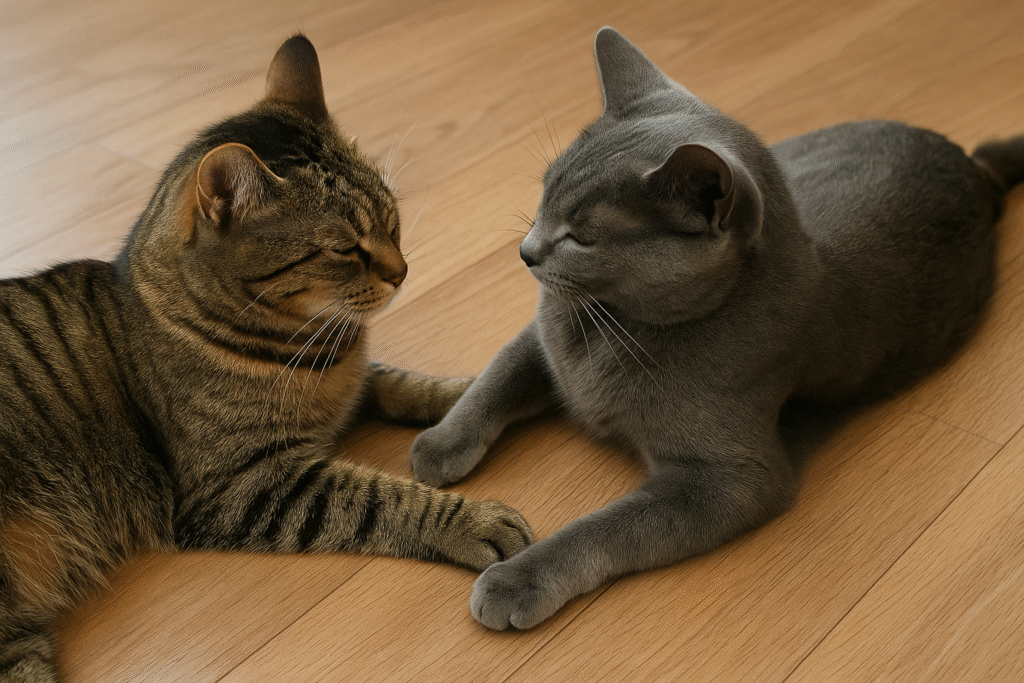 Two cats resting together peacefully, sharing silent affection.