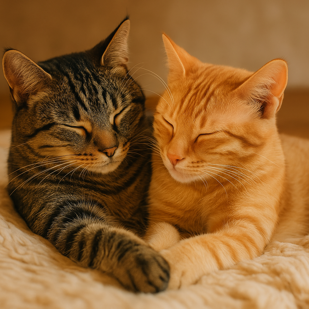Bonded cats resting peacefully - the calm after emotional balance returns.
