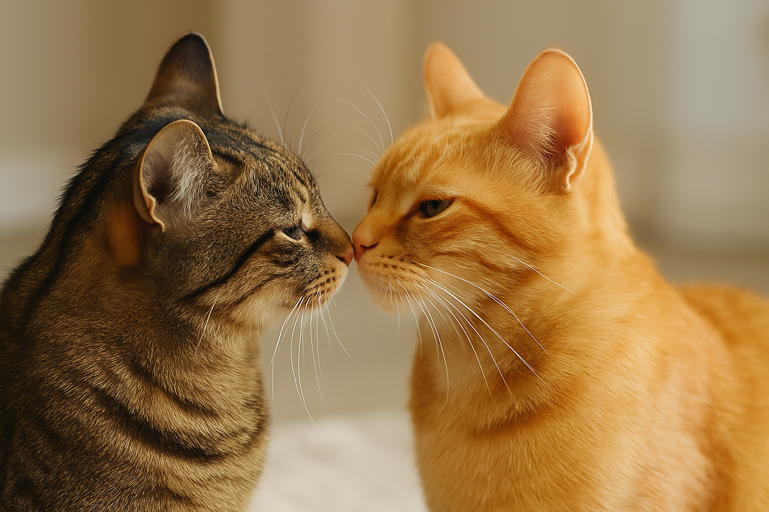 Two cats gently touching noses, showing trust and feline affection.