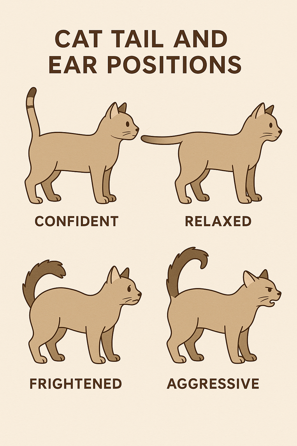 Illustration of cat tail and ear positions explaining feline emotions.