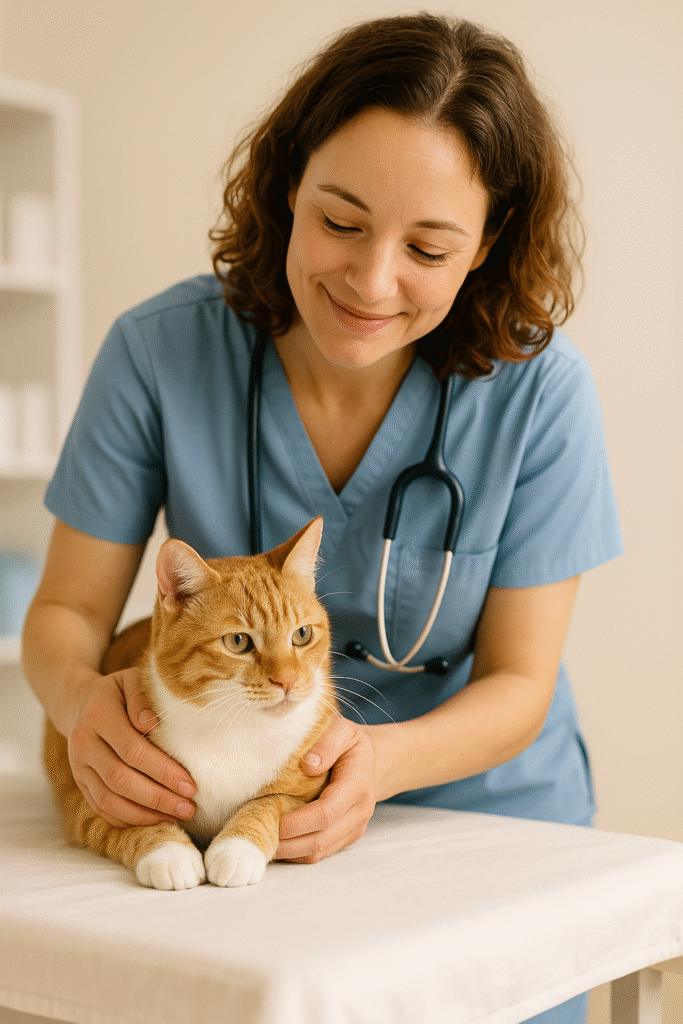 Veterinarian examining a cat showing signs of fever
