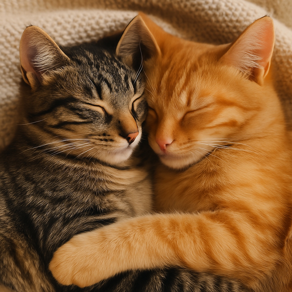 Two cats snuggling peacefully, showing warm feline bonding.