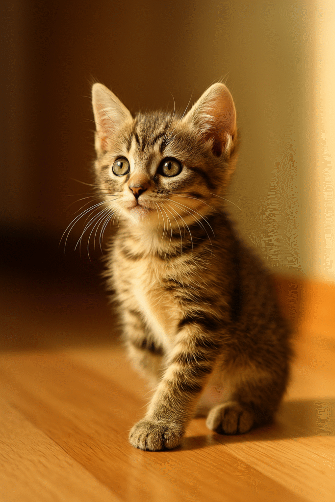 Three-legged kitten sitting in warm light, full of confidence and charm.
