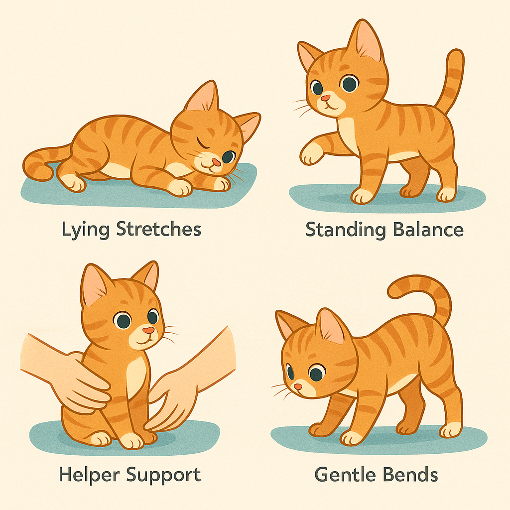 llustration of kitten physical therapy exercises for mobility and balance.