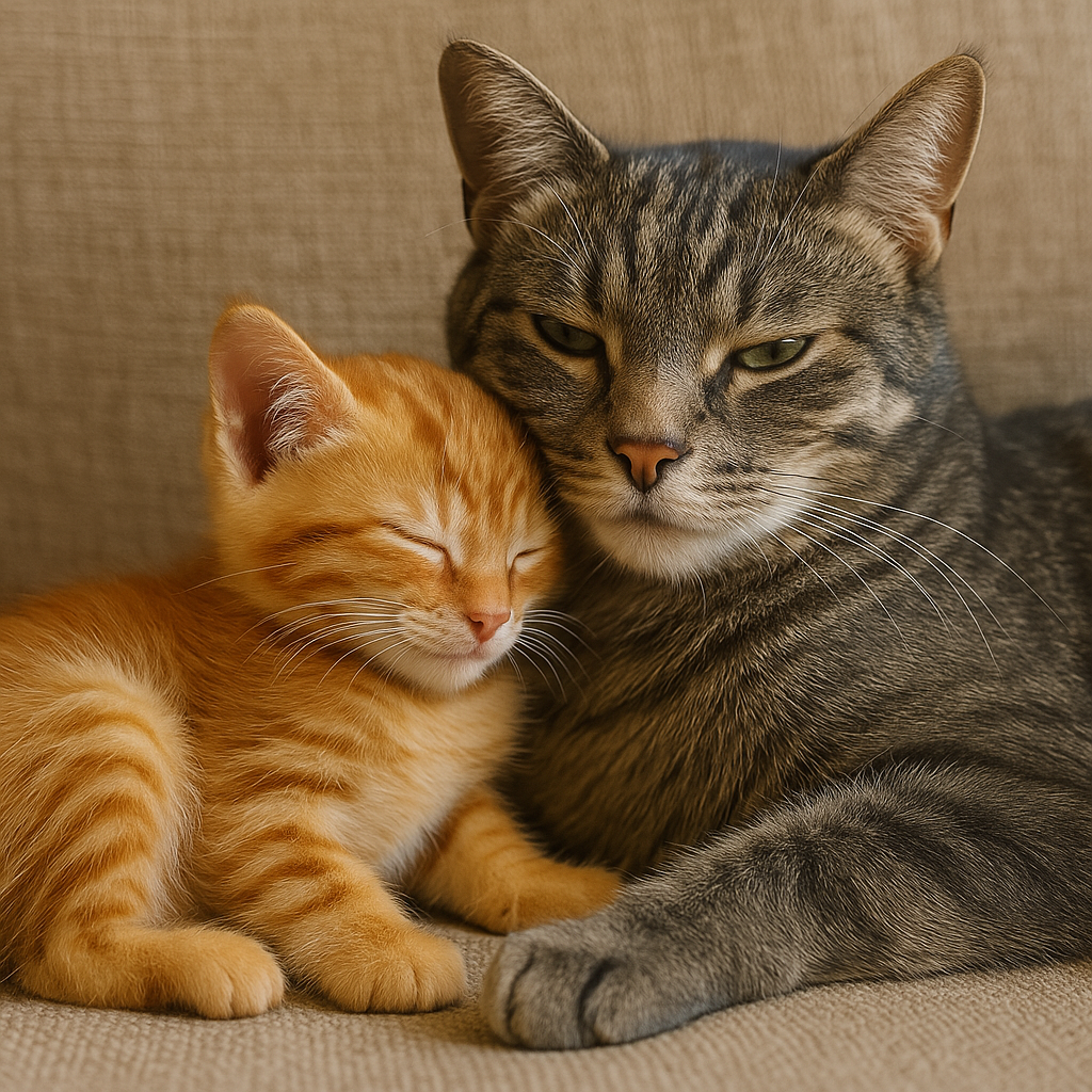 Small three-legged kitten cuddling with an adult cat who comforts her.