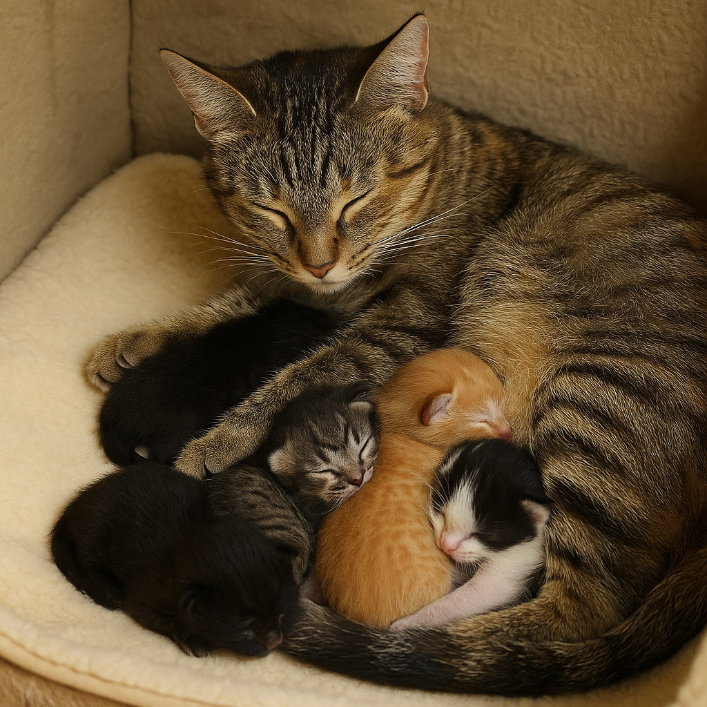 Mother cat snuggling her newborn kittens in a soft, warm nesting box.