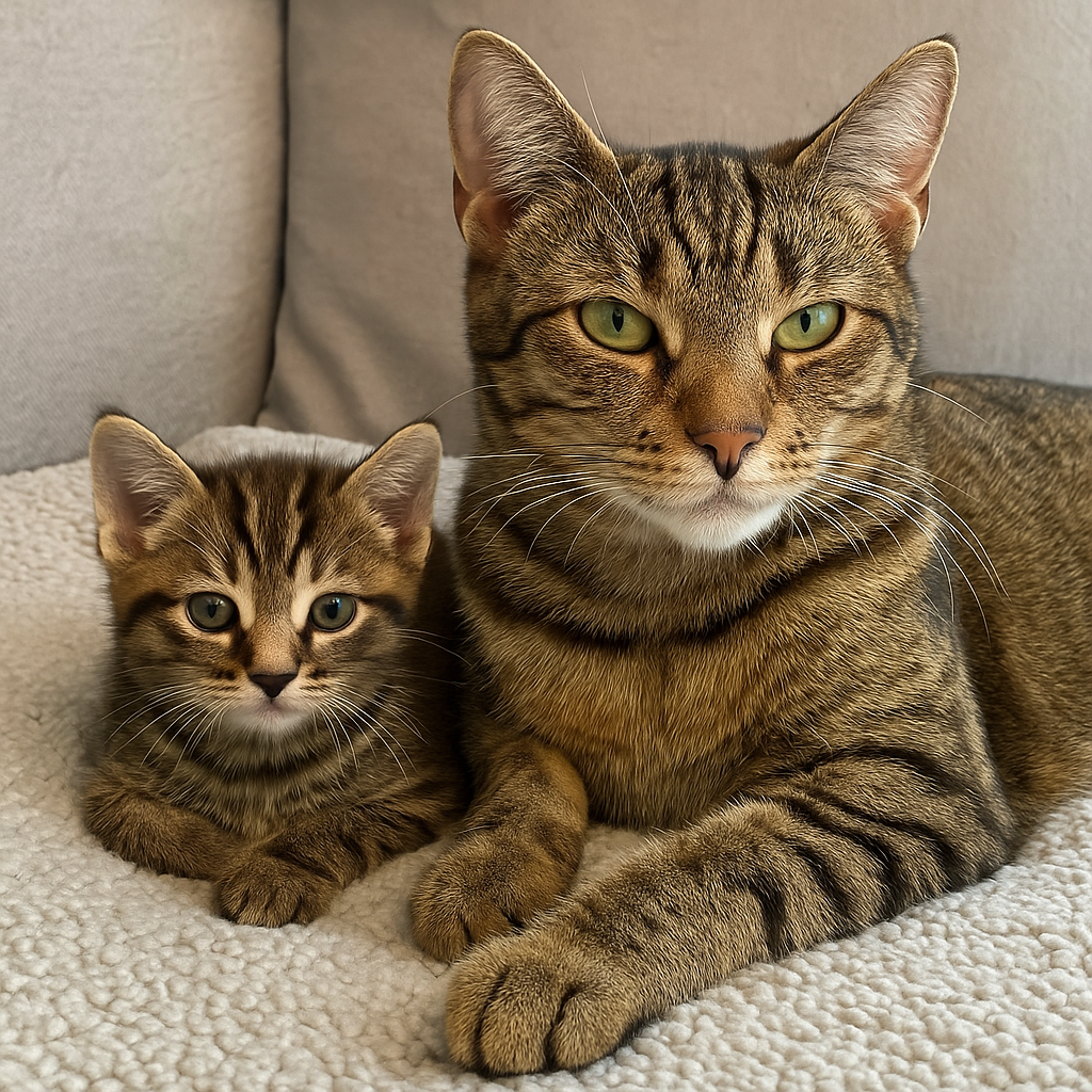 Mama cat relaxing with her kitten just before adoption day.