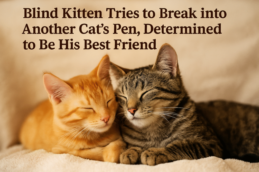Blind white kitten and orange tabby cuddling together on a beige blanket in soft afternoon light, symbolizing love, trust, and healing.