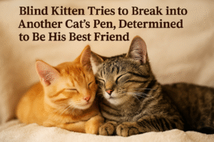 Blind white kitten and orange tabby cuddling together on a beige blanket in soft afternoon light, symbolizing love, trust, and healing.