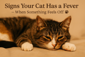 A cat resting, looking tired and unwell, symbolizing fever and comfort