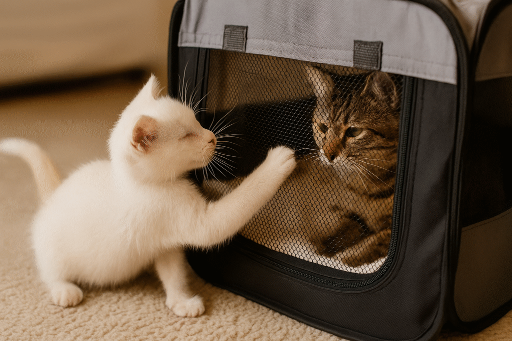 Blind cream kitten gently reaching its paw toward a tabby cat resting inside a soft mesh playpen, capturing a tender moment of curiosity and friendship.