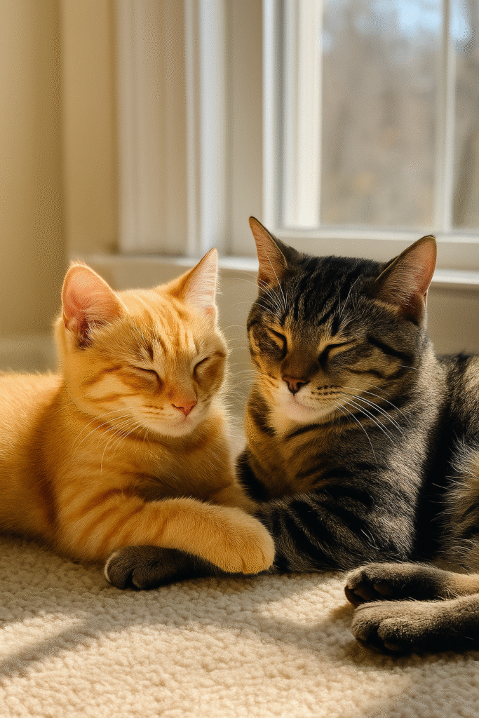 Blind white kitten and orange tabby cat resting peacefully near a sunny window, basking in soft golden light, symbolizing warmth, recovery, and companionship.