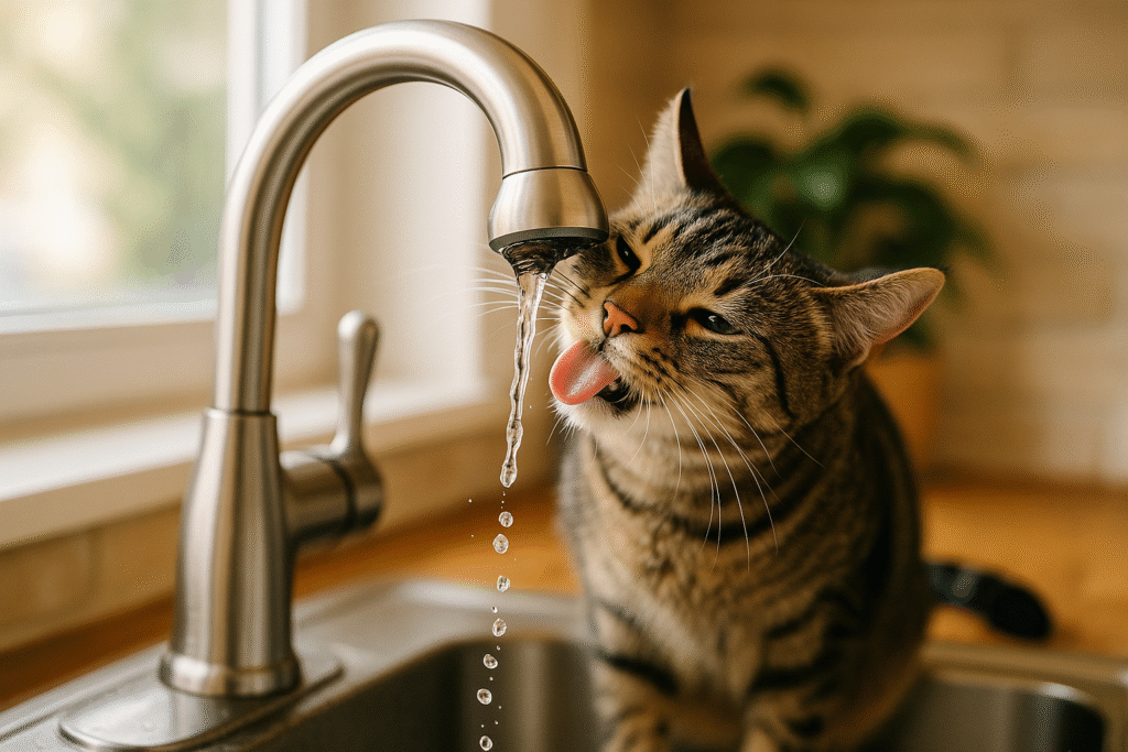 Domestic cat drinking from a kitchen faucet, cozy beige lighting, symbolizing curiosity and feline behavior.