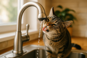 Domestic cat drinking from a kitchen faucet, cozy beige lighting, symbolizing curiosity and feline behavior.