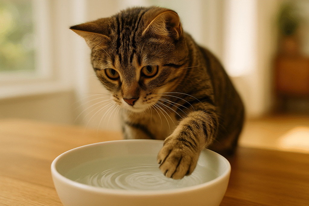 Cat touching water in a bowl with its paw, showing curiosity about standing water.