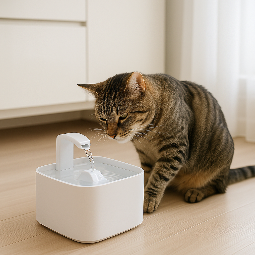 Cat drinking from a pet water fountain, representing safer and moving water preference.