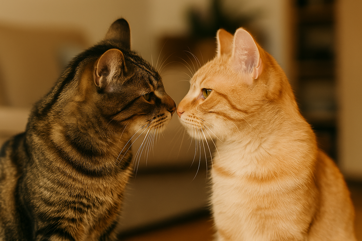 Two cats gently touch noses - a sign of trust and friendly cat communication.