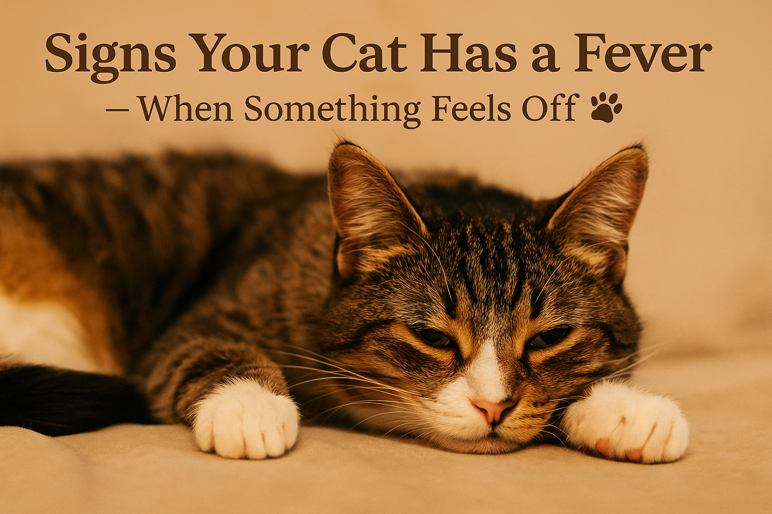 A cat resting, looking tired and unwell, symbolizing fever and comfort