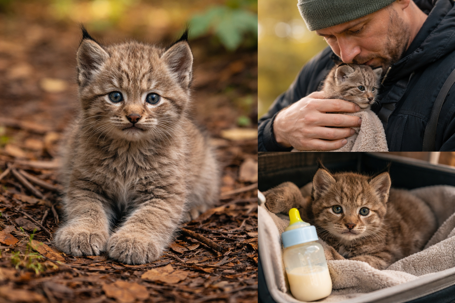Baby lynx resting on forest ground, showing large paws and round ears that distinguish it from a domestic kitten.