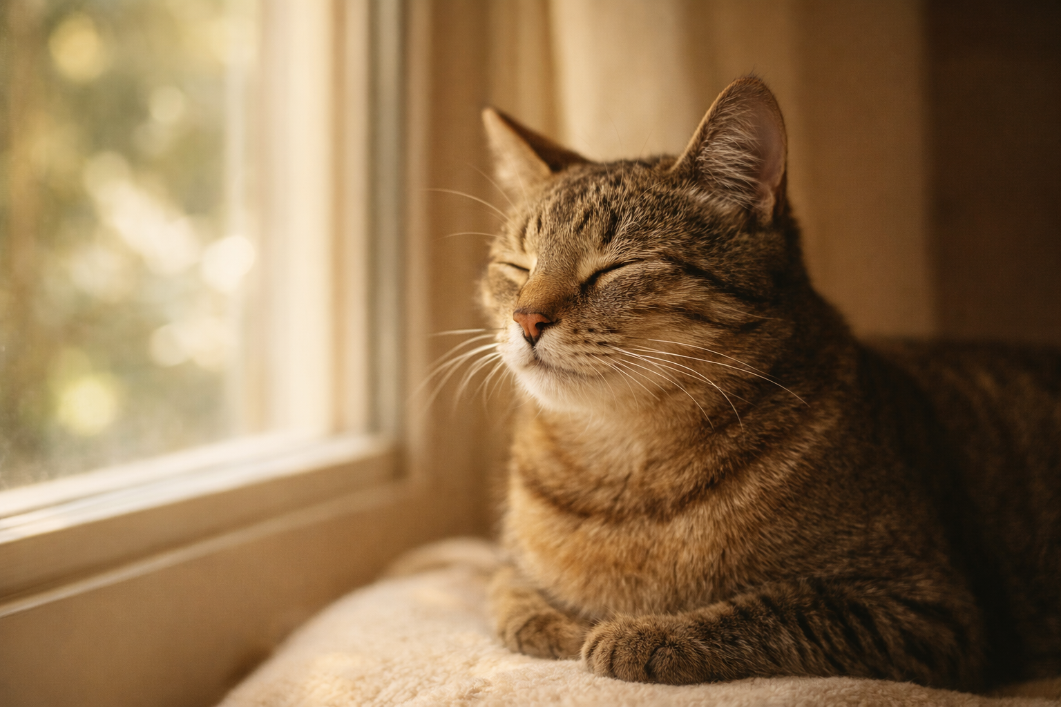 Cat giving a slow blink while resting near a sunny window, showing trust and comfort.