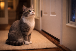 Loyal cat sitting by the front door at night, waiting quietly for her human to return.