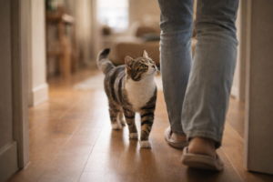 Affectionate cat following their human through the house, showing strong attachment and trust.