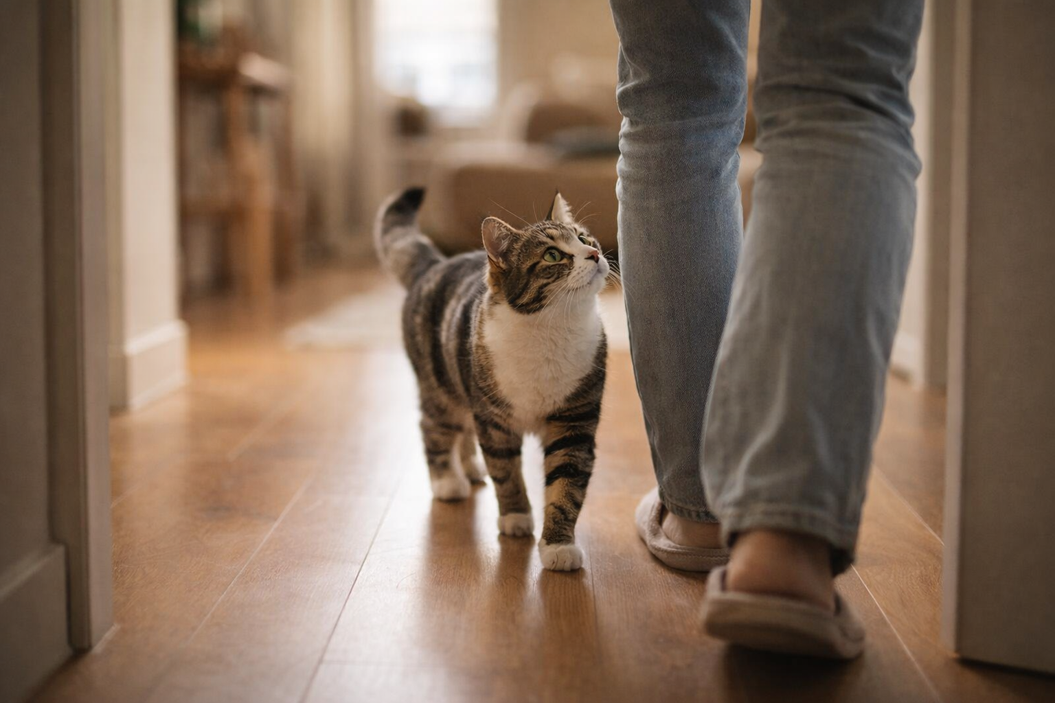 Affectionate cat following their human through the house, showing strong attachment and trust.