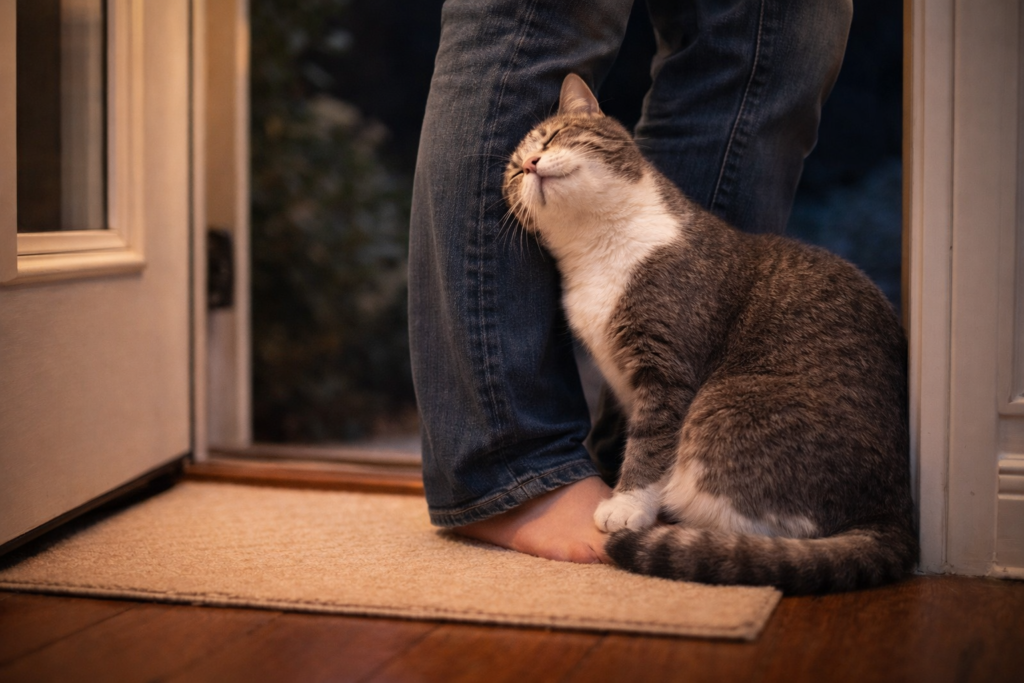 Emotional reunion as a cat greets her human at the door after a long wait.