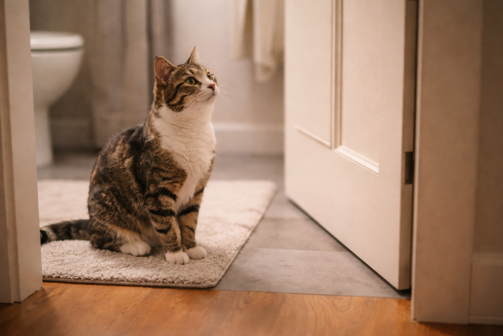 Patient cat sitting outside a bathroom door, showing calm attachment and trust toward their human.