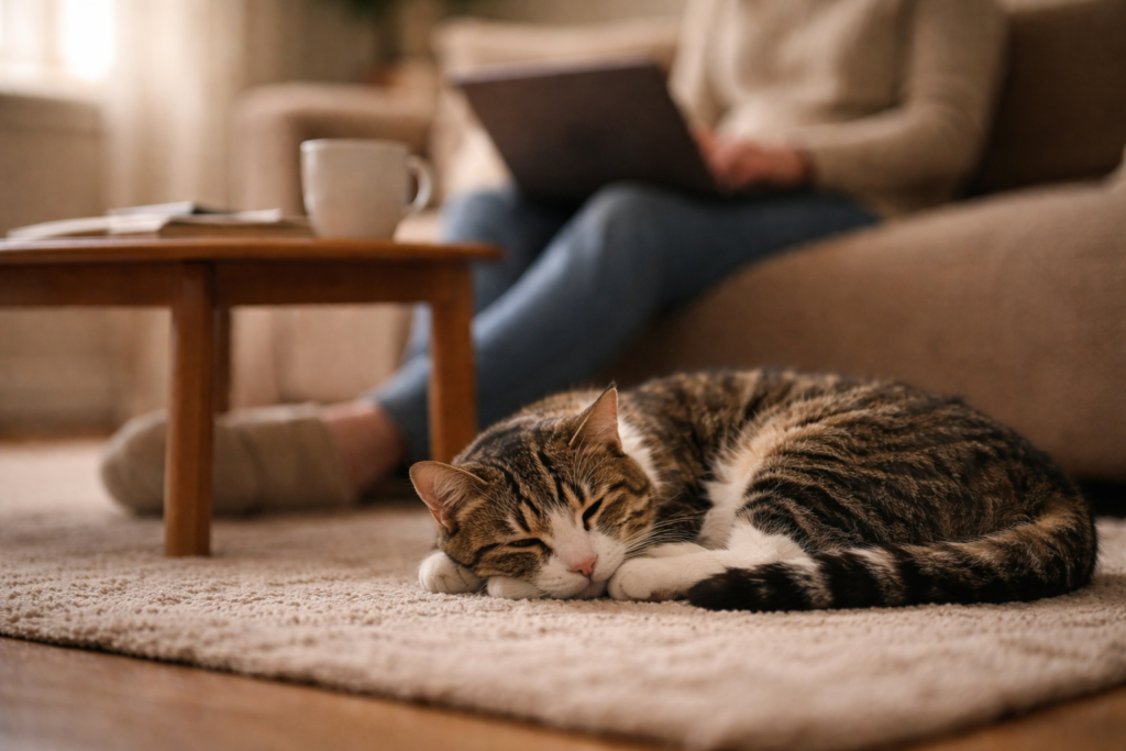 Content cat resting near their human, demonstrating calm companionship and emotional bonding.