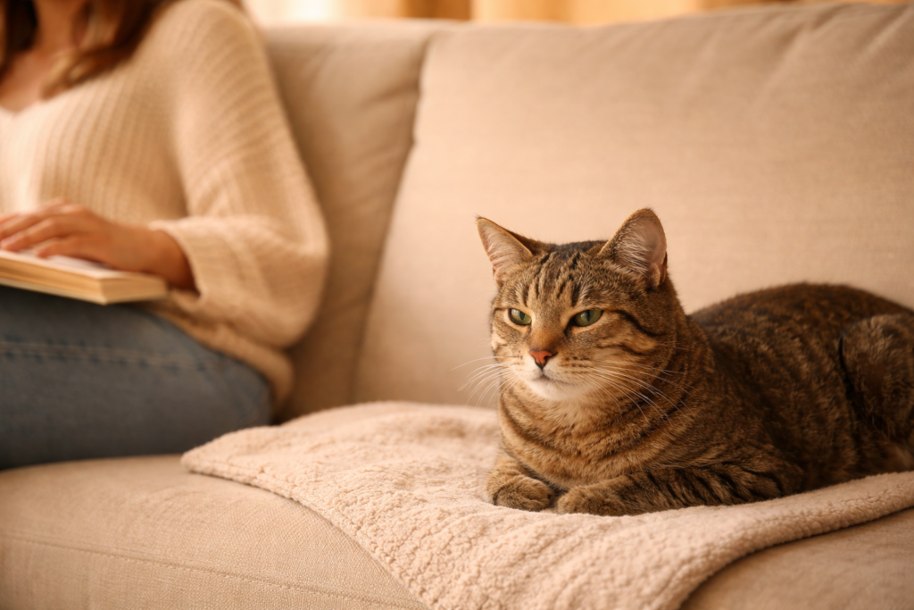 Cat resting quietly near a human without physical contact, showing trust and quiet companionship.
