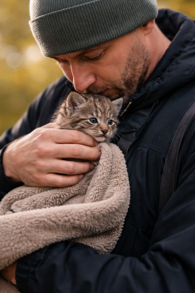 Man gently holding a rescued baby lynx wrapped in a blanket while waiting to transfer the young wild cat to wildlife rehabilitation.