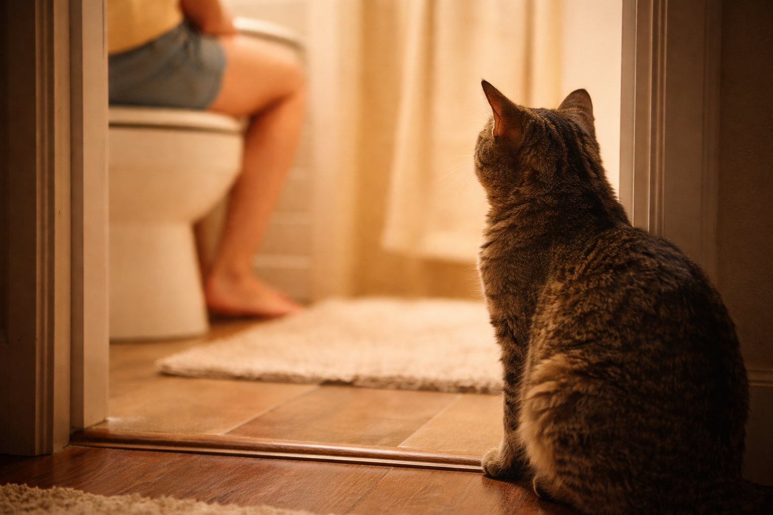 Curious cat sitting near a bathroom doorway, watching their owner with calm interest and trust.