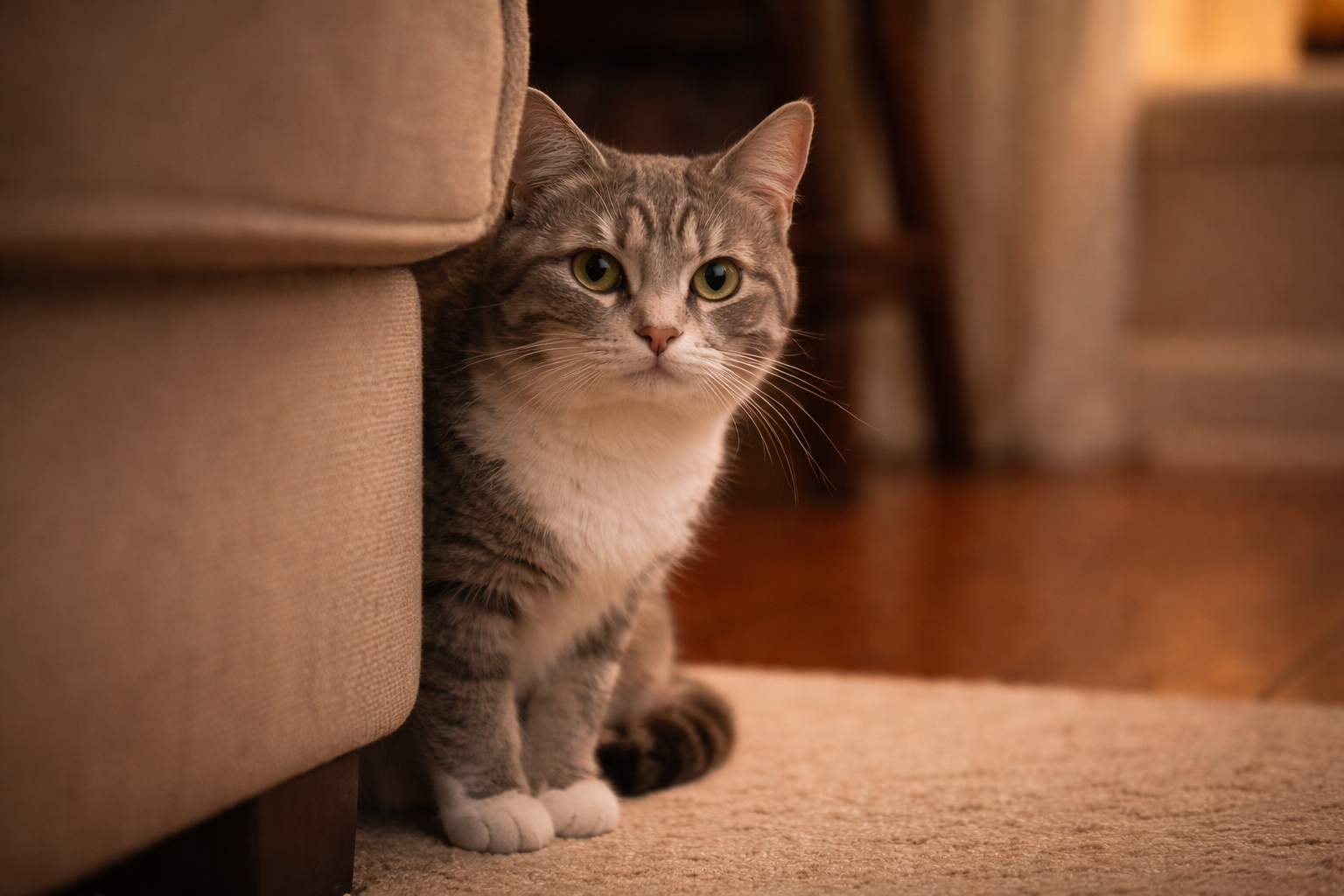 Shy gray rescue cat watching quietly from a safe corner of the room.