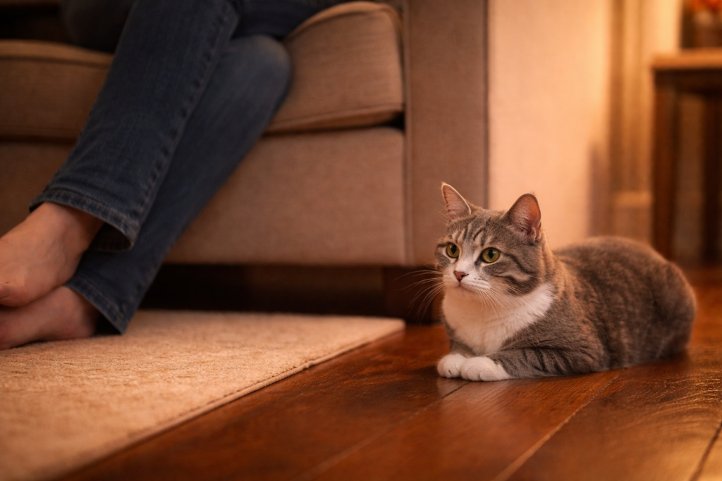 Shy cat resting nearby while keeping a comfortable distance from her human.