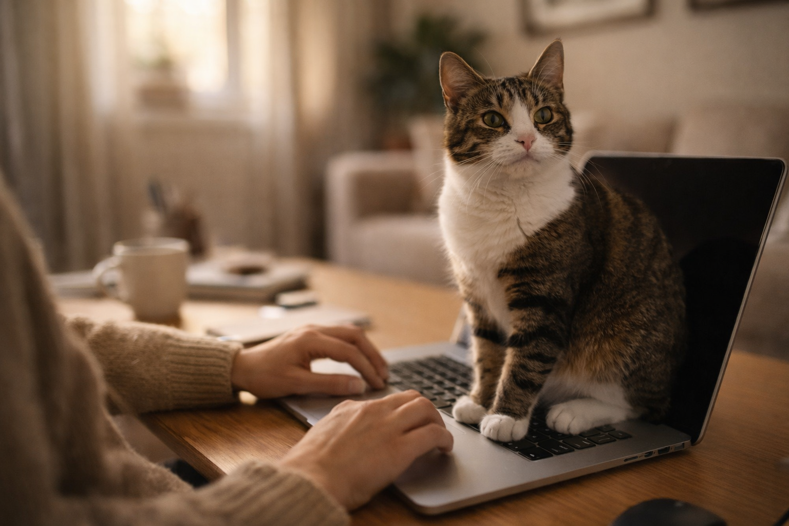 Curious cat sitting on a laptop keyboard while their human works, showing attachment and comfort.