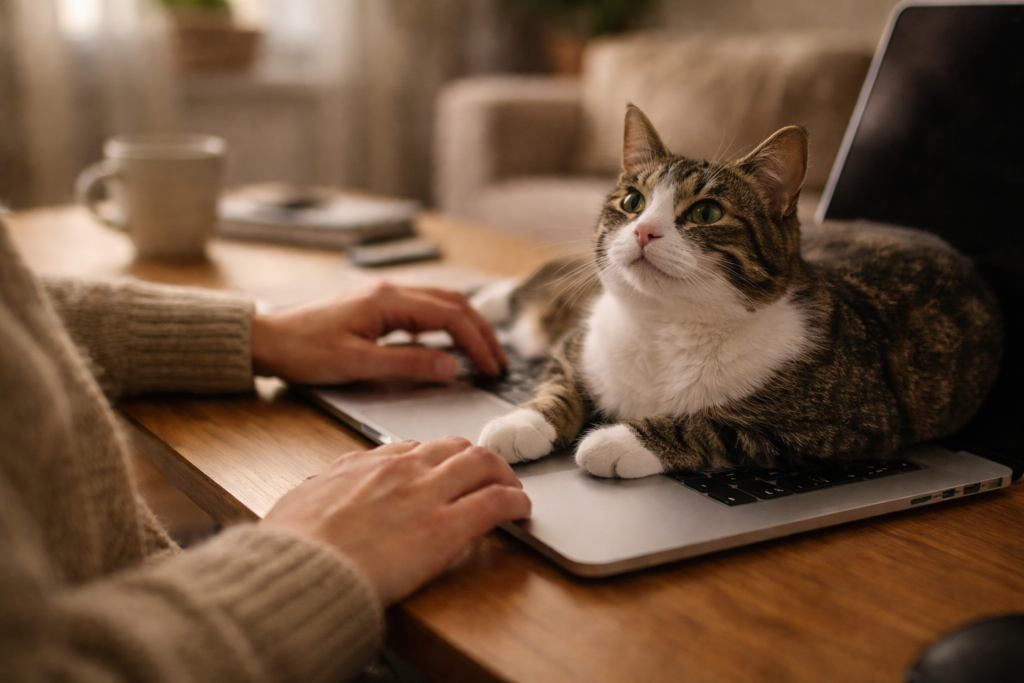 Affectionate cat resting across a laptop and desk, seeking closeness and shared space with their human.