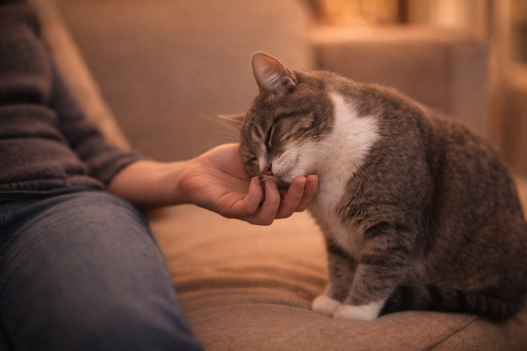 Formerly shy cat gently leaning into a human’s hand during a quiet bonding moment.