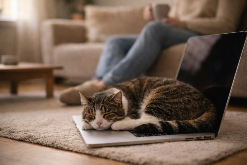 Content cat resting near a laptop beside their human, showing calm companionship and emotional bonding.